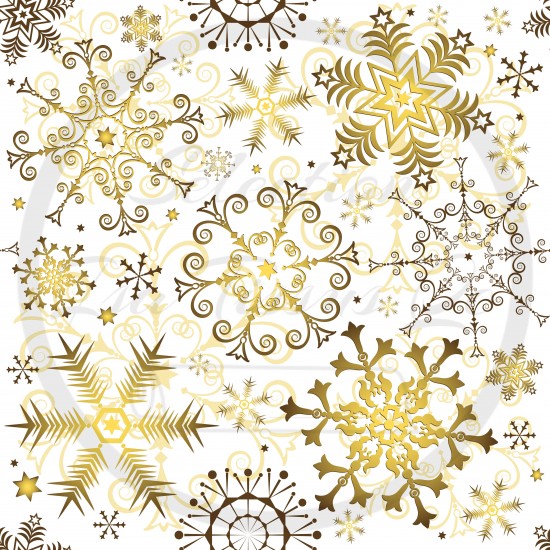 Jersey / Knit imprime / Flocons de neiges diversifiés ors fond blanc 