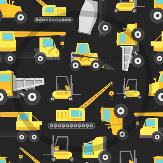 Jersey / Knit imprime / Camions construction jaunes et gris fond noir