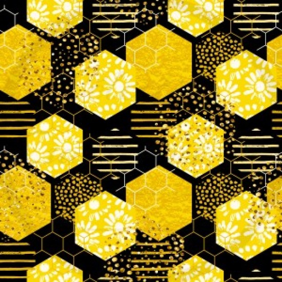 Coton / Selection Isa tissus Qc / Design alvéole ruche d'abeille jaune et noir 