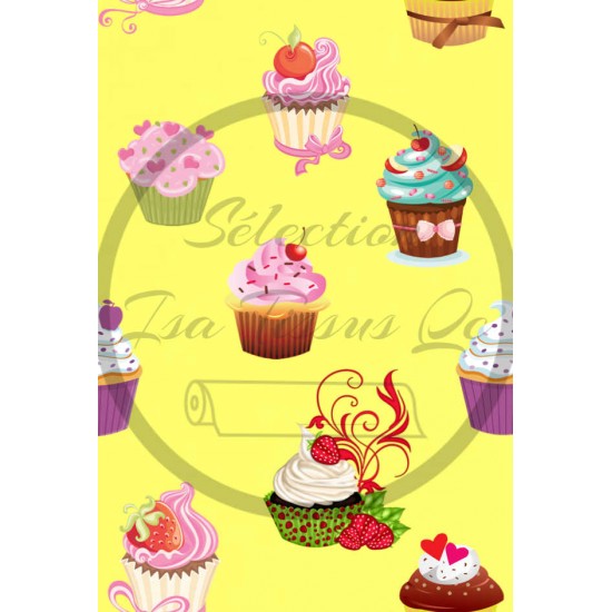 Coton / Selection Isa tissus Qc / Cupcakes fond jaune pâle