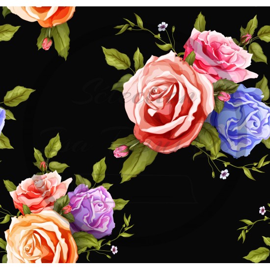 Jersey / Knit imprime / Trios de fleurs colorées fond noir