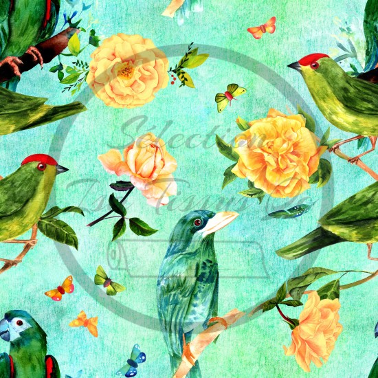 Jersey / Knit imprime / Oiseaux divers et fleurs jaunes, fond bleu
