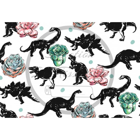 Jersey / Knit imprime / Dinosaures noirs et fleurs colorées fond blanc picots