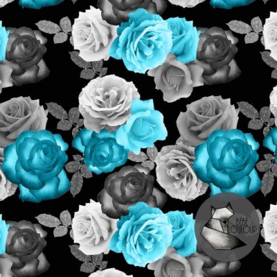 Coton / Design Stéphanye Boileau / Roses bleues, grises, blanches fond noir