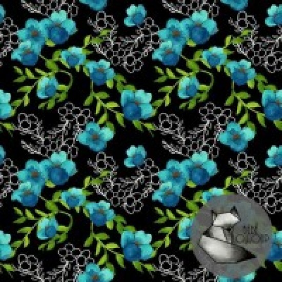 Jersey / Knit imprime / Fleurs bleues fond noir et blanc 