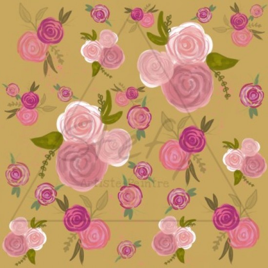 Jersey / knit / Design Stefy artiste-peintre / Fleur rose/pêche/blanc, fond jaune ocre