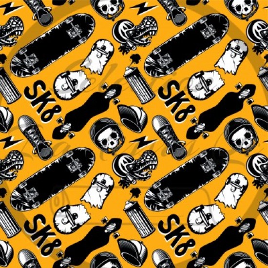 Coton / Selection Isa tissus Qc / Skateboard, tête de mort, skull, SK8, casquette, soulier, peinture, noir et blanc, fond jaune