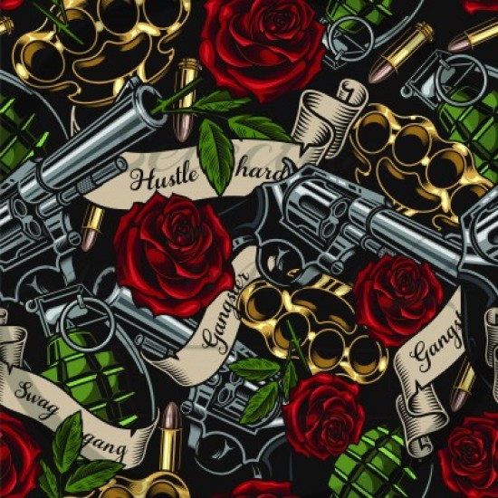 Jersey / Knit / Sélection Isa Tissus / Roses, rouge, poing américain, fusil, révolver, gun, grenade, fond noir, or, argent