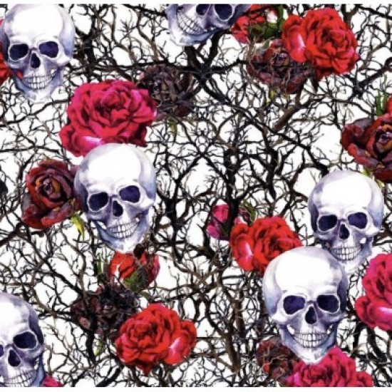 Coton / Selection Isa tissus Qc / Tête de mort, skull, rose rouge, racine, branches, fond blanc