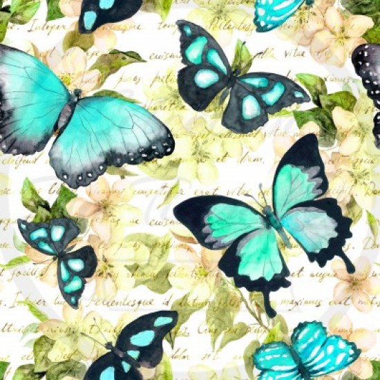 Coton / Selection Isa tissus Qc / Papillons aqua en aquarelle, fond fleuri