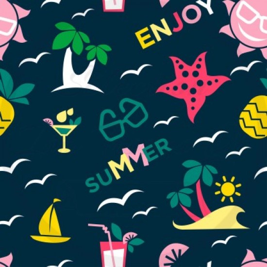 Coton / Selection Isa tissus Qc / Soleil rose, palmier, vagues, lunettes soleil, bateau, limonade fond bleu marin