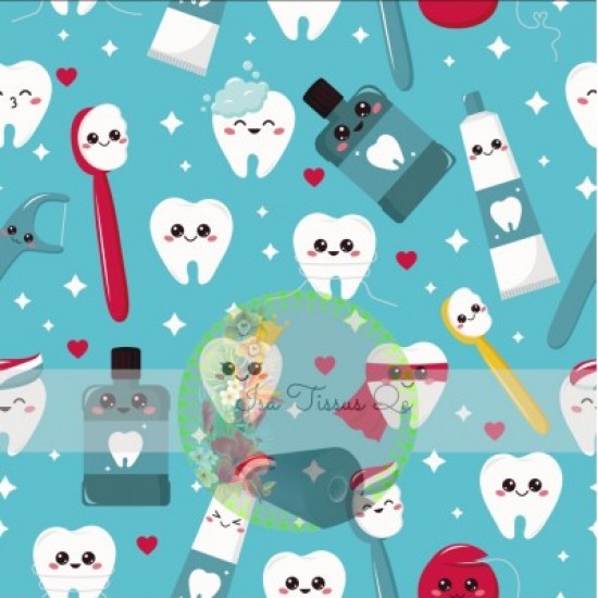 Coton / Selection Isa tissus Qc / Dentiste, dent, brosse à dent, rince-bouche, fond bleu pâle GROS