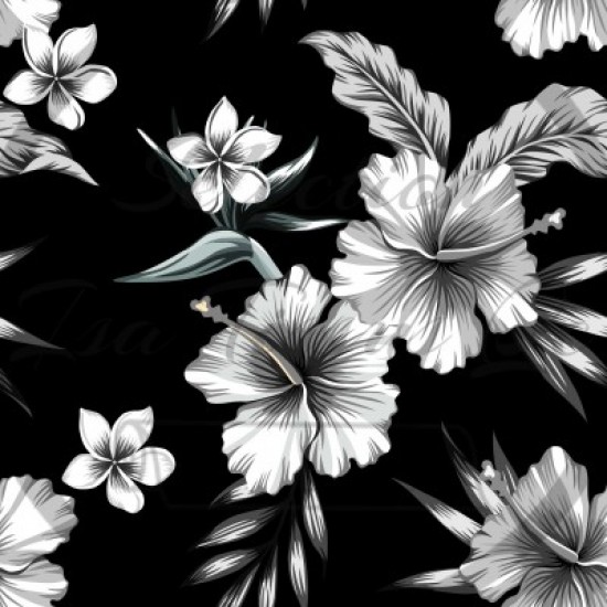 Jersey / Knit / Sélection Isa Tissus / Fleurs, feuilles, gris et blanc, fond noir