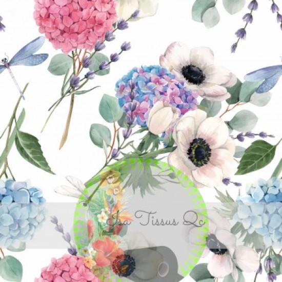 Jersey / Knit / Sélection Isa Tissus / Fleurs, bleus, blanc, mauve, rose, fond blanc