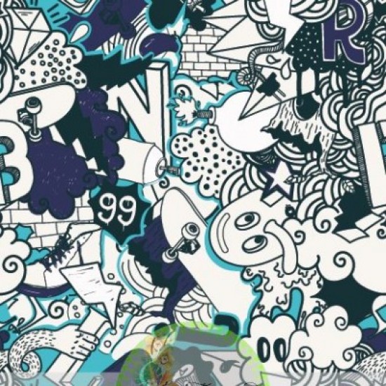 Jersey / Knit / Selection Isa tissus Qc / Grafiti, motifs divers, skateboard, bombe, peinture, bleu marin, bleu pâle, blanc