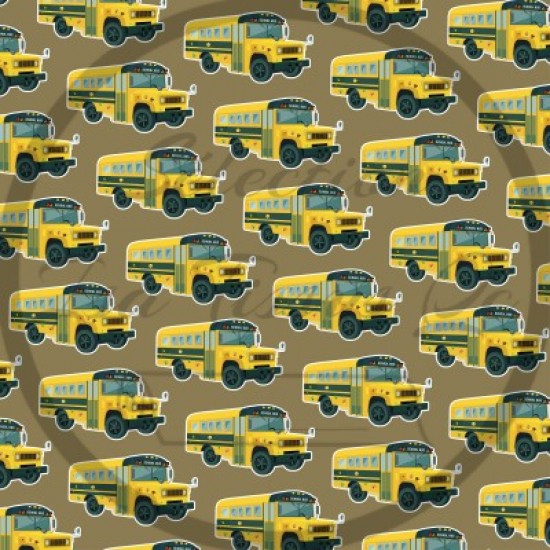 Coton / Selection Isa tissus Qc / Grandes autobus scolaires en rangée fond gris/brun