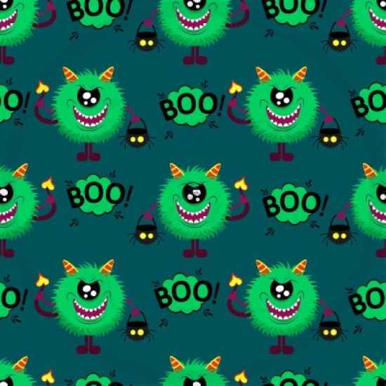 Coton / Selection Isa tissus Qc / Halloween monstres Boo verts fond vert foncé
