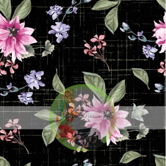 Coton / Selection Isa tissus Qc / Fleurs roses et bleues, feuilles, fond noir ligné