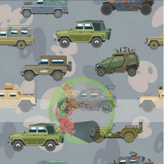 Coton / Selection Isa tissus Qc / Voitures militaires, armée, camions, fond gris