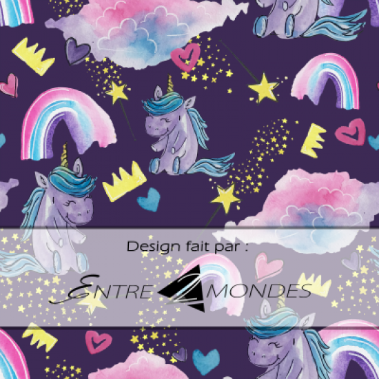 Coton Canvas / Design Atelier entre 2 mondes / Licornes, arc-en-ciel, étoile, coeur, fond violet foncé