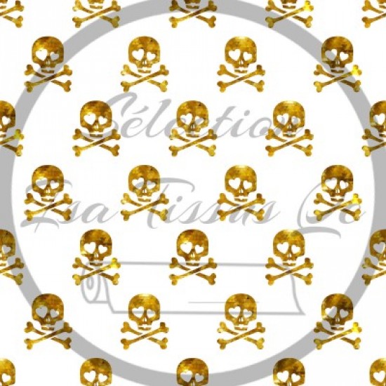 Coton / Selection Isa tissus Qc / tête de mort dorée, skull, coeur, fond blanc