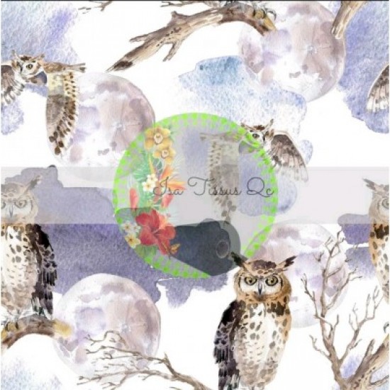 Coton / Selection Isa tissus Qc / Hibou, watercolor, lune. arbre, nuage, fond blanc Gros design