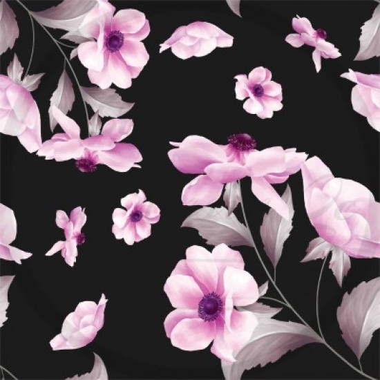 Jersey / Knit / Sélection Isa Tissus / Fleurs roses, feuilles, fond noir
