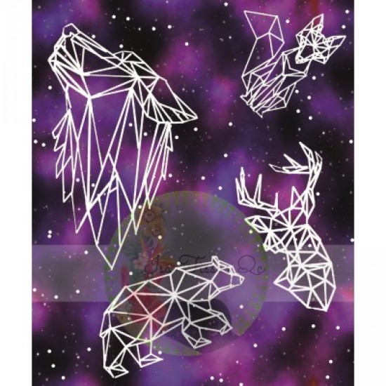 Minky / Selection Isa tissus Qc / Animaux géométriques blancs, fond constellation violet