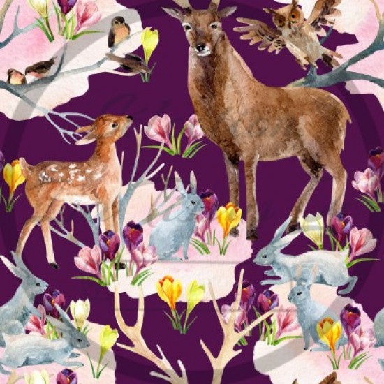 Coton / Selection Isa tissus Qc / Buck, faon, lapins, fleurs, fond mauve foncé