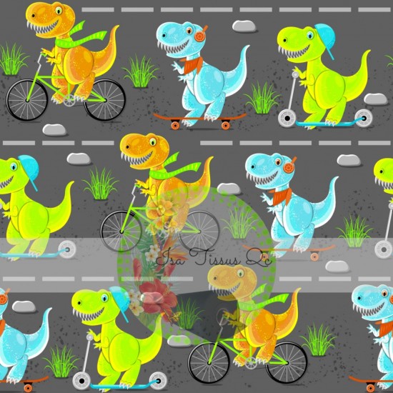 Jersey / Knit / Sélection Isa Tissus / Dinosaures, vélo, trottinette, skateboard, fond gris