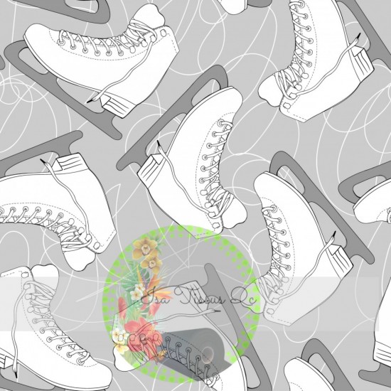 Jersey / Knit / Sélection Isa Tissus / Patins à glace, skates, flocons, fond gris pâle