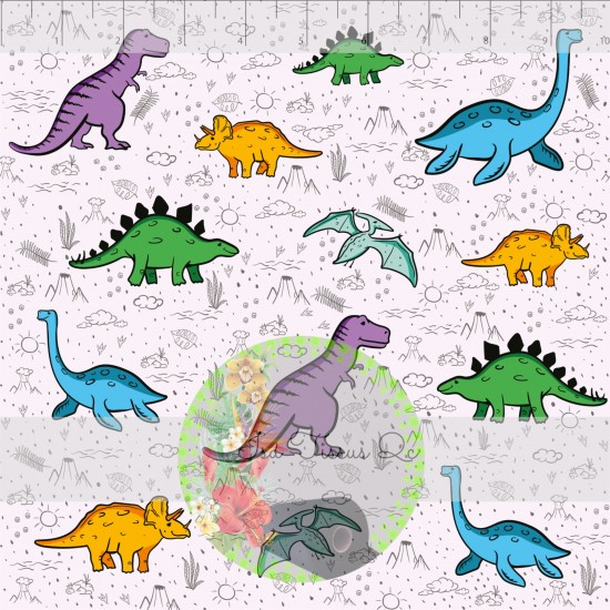 Jersey / Knit / Sélection Isa Tissus / Dinosaures bleu vert jaune mauve, dessins à la main volcan et feuille, fond blanc