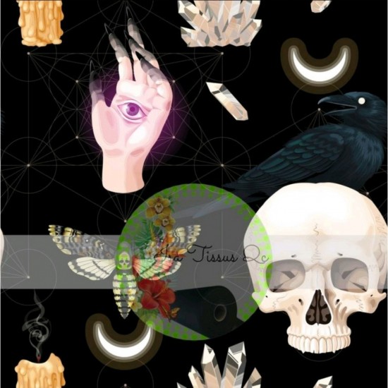 Jersey / Knit / Sélection Isa Tissus / Skull, crâne, chandelles, cristaux, main, lunes, fond noir