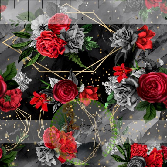 Jersey / Knit / Sélection Isa Tissus / Fleurs rouges et grises, roses, formes géométriques or doré, fond noir