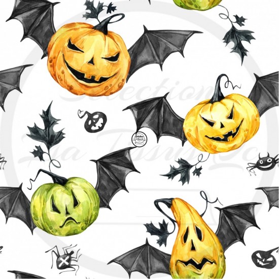 Jersey Cozy (Scuba/knit) imprime / Halloween citrouilles volantes ailes de chauves-souris fond blanc