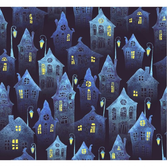 DBP / Double Brush Poly / Sélection Isa Tissus Qc / Halloween maisons dans la nuit fond bleu nuit