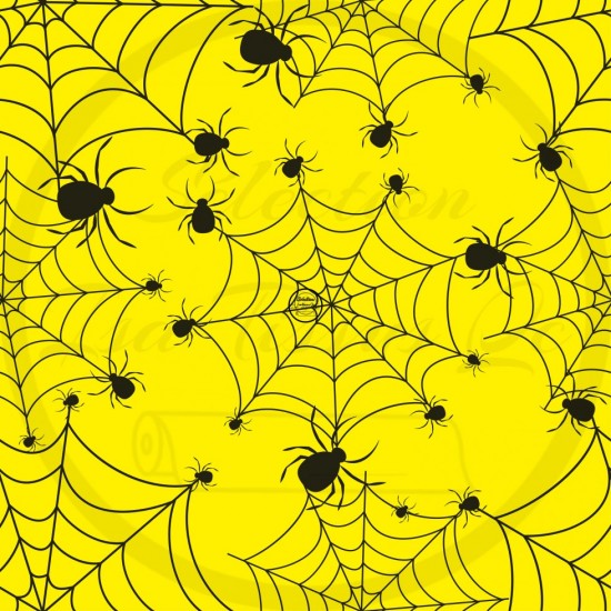 Jersey Cozy (Scuba/knit) imprime / Araignées et toiles d'araignées noires fond jaune