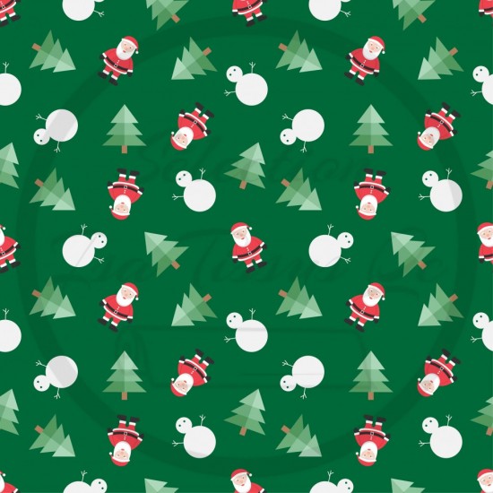 Jersey / Knit / Sélection Isa Tissus / Bonhommes de neige, Père Noel, sapin, fond vert