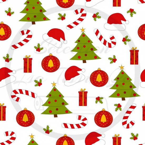 Jersey / Knit / Sélection Isa Tissus / Tuques Père Noel, cannes bonbon, cadeaux, sapins avec boules et étoile, boules Noel, houx, fond blanc