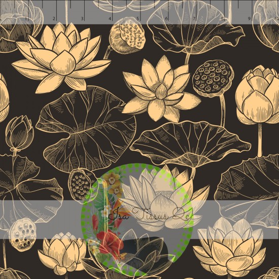 Jersey Sensas / Knit imprime / Fleurs et feuilles de nénuphars, beige sur fond brun foncé