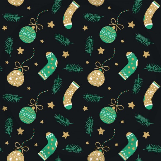 Jersey / Knit / Sélection Isa Tissus / Bas et boules de Noël, étoiles, vert, or, branche sapin, fond noir