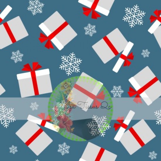Jersey / Knit / Sélection Isa Tissus / Cadeaux, rouge et blanc, flocons, Noël fond bleu
