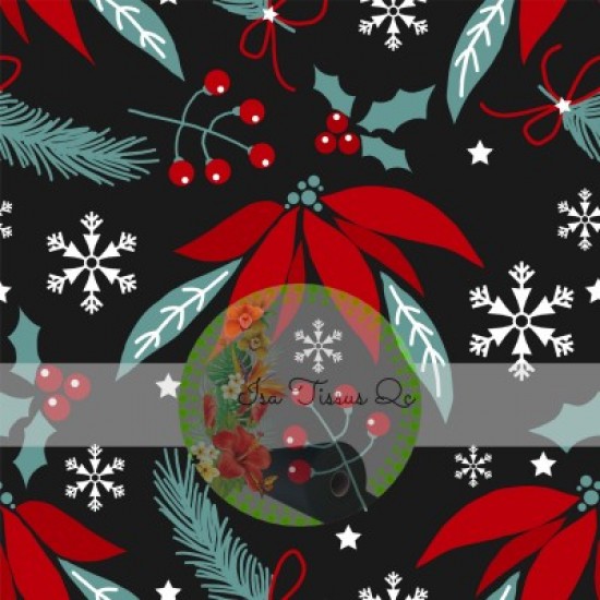 Jersey / Knit / Sélection Isa Tissus / Feuille de gui, poinsettia, flocons, Noël fond noir