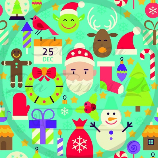 Jersey / Knit / Sélection Isa Tissus / Noël, Père-Noël, cadeaux, bas, rennes, fond bleu