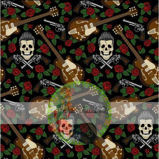 Jersey Sensas / Knit imprime / Tête de mort, skull, pistolets, guitare, roses rouges, fond noir