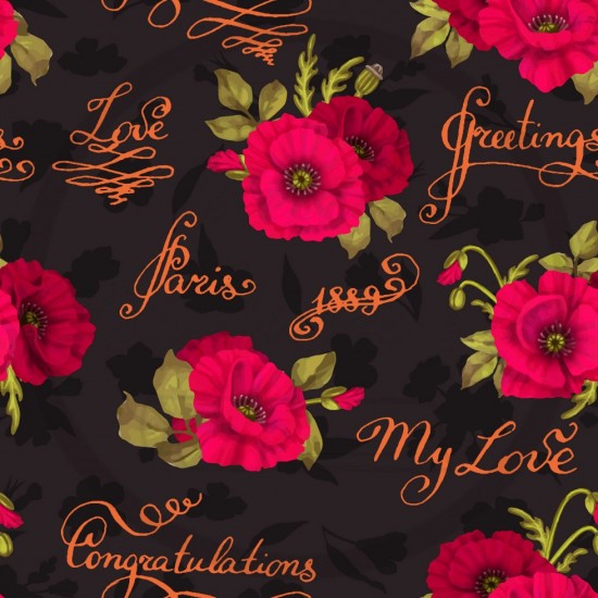 Jersey / Knit / Sélection Isa Tissus / Fleurs couleur fuchsia, écriture orangée fond noir