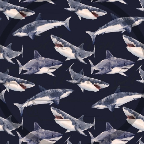 Jersey / Knit / Sélection Isa Tissus / Requins fond bleu foncé