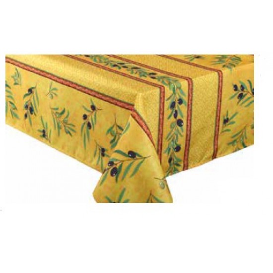 Nappe carrée polyester olives rayé jaune-rouge