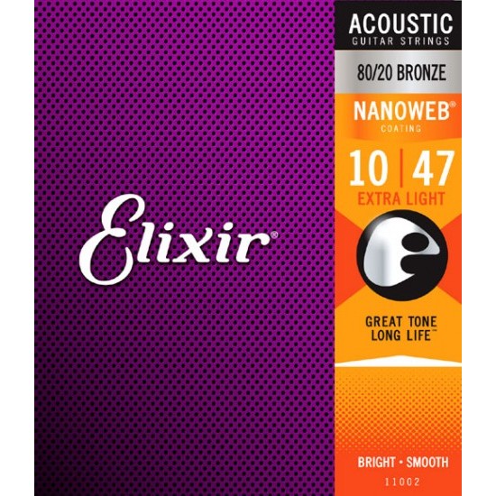 Jeu de cordes acoustiques bronze 80/20 extra léger avec revêtement Nanoweb ELIXIR