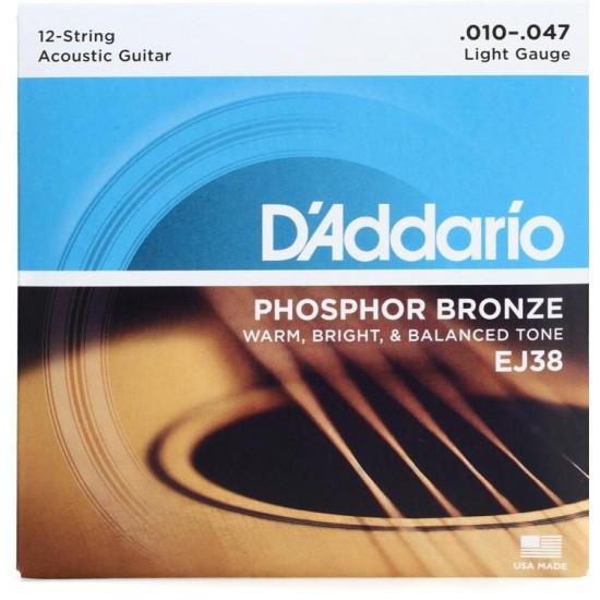 EJ38 - cordes bronze phosphoreux 12-String Light 10-47 D'ADDARIO